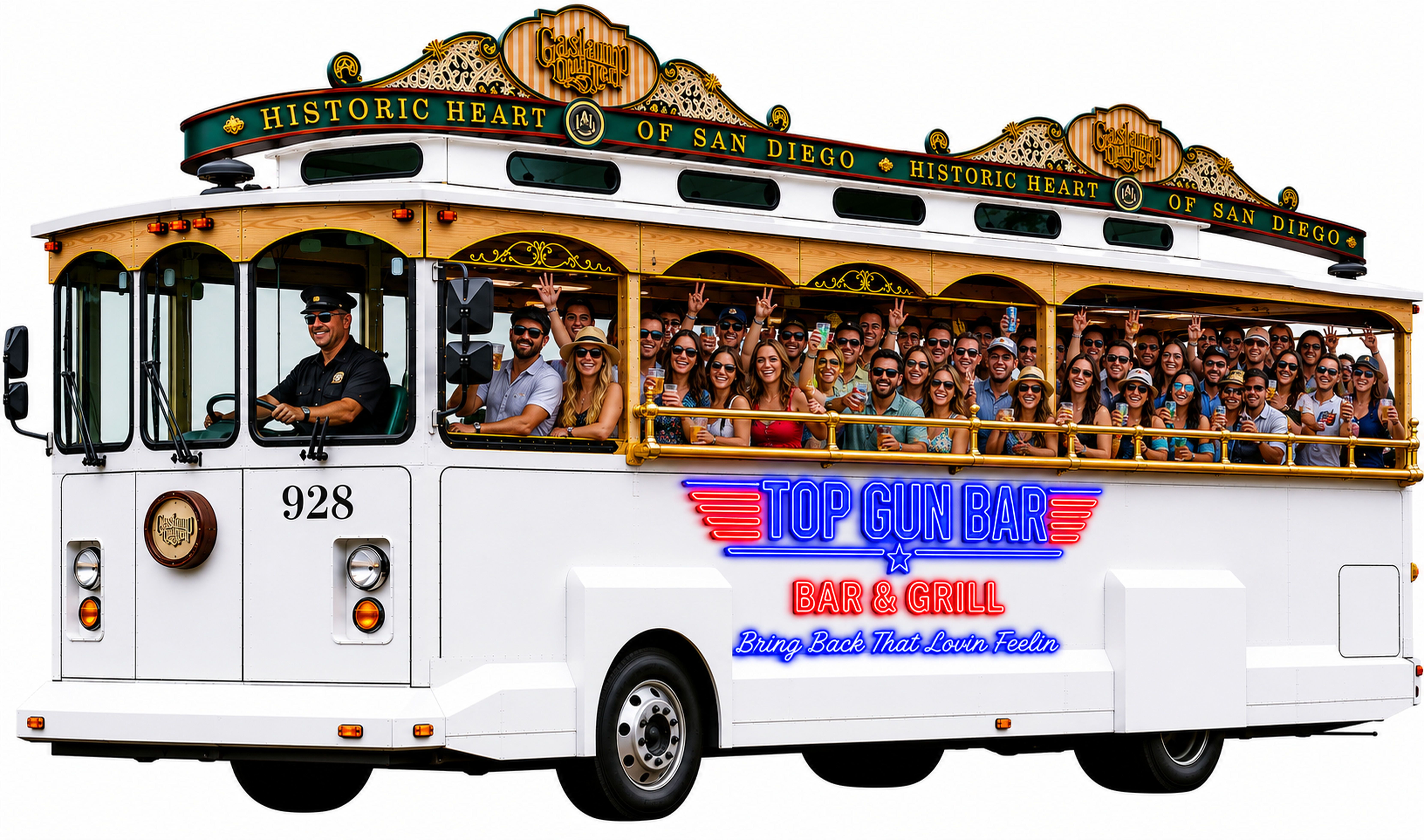 Top Gun Bar & Grill branded trolley — Historic Heart of San Diego
