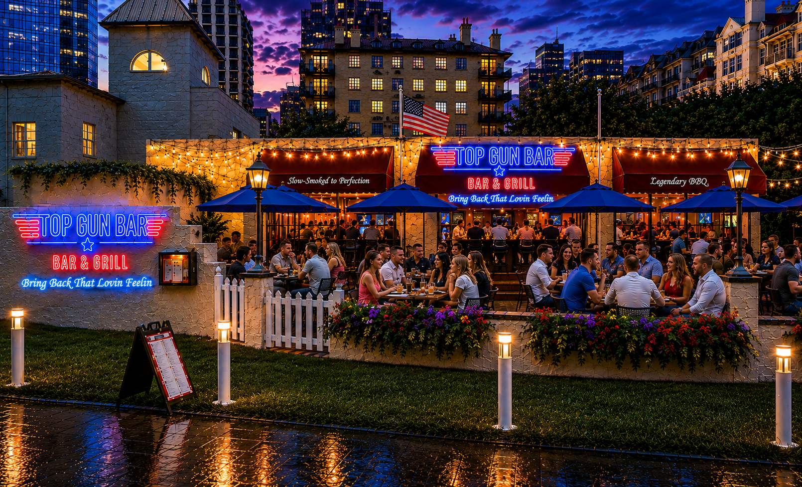 Top Gun Bar & Grill — outdoor patio at twilight